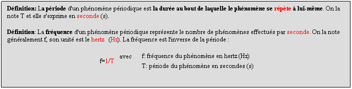 Zone de Texte: Dfinition: La priode d'un phnomne priodique est la dure au bout de laquelle le phnomne se rpte  lui-mme. On la note T et elle s'exprime en seconde (s).
 
Dfinition: La frquence d'un phnomne priodique reprsente le nombre de phnomnes effectus par seconde. On la note gnralement f, son unit est le hertz   (Hz). La frquence est l'inverse de la priode :
  
 f=1/T
  avec      
f: frquence du phnomne en hertz (Hz)
 
T: priode du phnomne en secondes (s)
 
 
