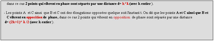 Zone de Texte: - Les points M, M' et M'' conservent la mme longation quelque soit l'instant t. On dit que les points M, M' et M'' vibrent en phase,
   dans ce cas 2 points qui vibrent en phase sont spars par une distance d= k*l (avec k entier ).
 
- Les points A  et C ainsi  que B et C ont des longations opposes quelque soit l'instant t. On dit que les points A et C ainsi que B et 
   C vibrent en opposition de  phase, dans ce cas 2 points qui vibrent en opposition  de phase sont spars par une distance 
 d= (2k+1)* l /2 (avec k entier ).
 
 
