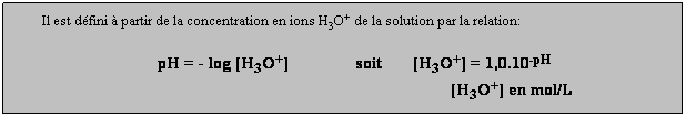 Zone de Texte: Il est dfini  partir de la concentration en ions H3O+ de la solution par la relation:
 
pH = - log [H3O+]               soit       [H3O+] = 1,0.10-pH  
                                                                                            [H3O+] en mol/L
 

