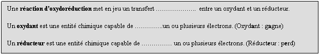Zone de Texte: Une raction doxydorduction met en jeu un transfert ..  entre un oxydant et un rducteur.
Un oxydant est une entit chimique capable de ..un ou plusieurs lectrons. (Oxydant : gagne)
Un rducteur est une entit chimique capable de  un ou plusieurs lectrons. (Rducteur : perd)
