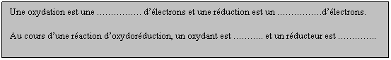 Zone de Texte: Une oxydation est une . dlectrons et une rduction est un .dlectrons.
Au cours dune raction doxydorduction, un oxydant est .. et un rducteur est ..
 
