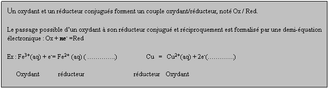 Zone de Texte: Un oxydant et un rducteur conjugus forment un couple oxydant/rducteur, not Ox / Red.
Le passage possible dun oxydant  son rducteur conjugu et rciproquement est formalis par une demi-quation lectronique : Ox + ne- =Red
Ex : Fe3+(aq) + e-= Fe2+ (aq) ( ..)                   Cu   =   Cu2+(aq) + 2e-(.)       
      Oxydant            rducteur                                rducteur    Oxydant
