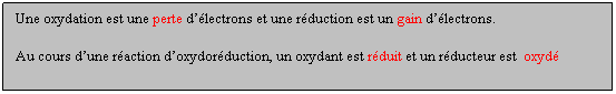 Zone de Texte: Une oxydation est une perte dlectrons et une rduction est un gain dlectrons.
Au cours dune raction doxydorduction, un oxydant est rduit et un rducteur est  oxyd
 
