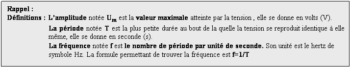 Zone de Texte: Rappel : 
Dfinitions : Lamplitude note Um est la valeur maximale atteinte par la tension , elle se donne en volts (V).
La priode note T est la plus petite dure au bout de la quelle la tension se reproduit identique  elle mme, elle se donne en seconde (s).
La frquence note f est le nombre de priode par unit de seconde. Son unit est le hertz de symbole Hz. La formule permettant de trouver la frquence est f=1/T
